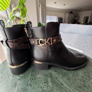 Calvin Klein Black Leather Ankle Boots with Brown Monogram Strap